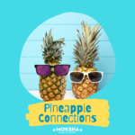 2 pineapples in front of light blue building. One with purple sunglasses and one has white framed sunglasses. Blue Text below on yellow background: Pineapple Connections