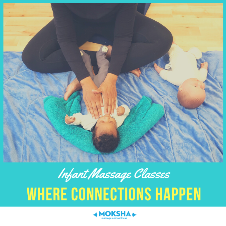 Image of parent with legs crossed leaning forward with hands on infant's chest laying in front of them with their head propped on a rolled towel with a toy baby to the side. Text below image: Infant Massage Classes: Where Connections Happen with the Moksha Massage & Wellness logo below.